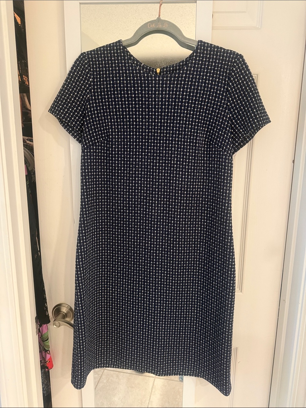 Calvin Klein Navy Tweed Shift Dress with White Dot Texture